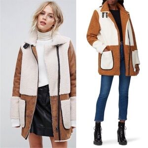 LINE & DOT 70s Faux Fur Shearling Colorblock High Collar Fleece Teddy Coat M